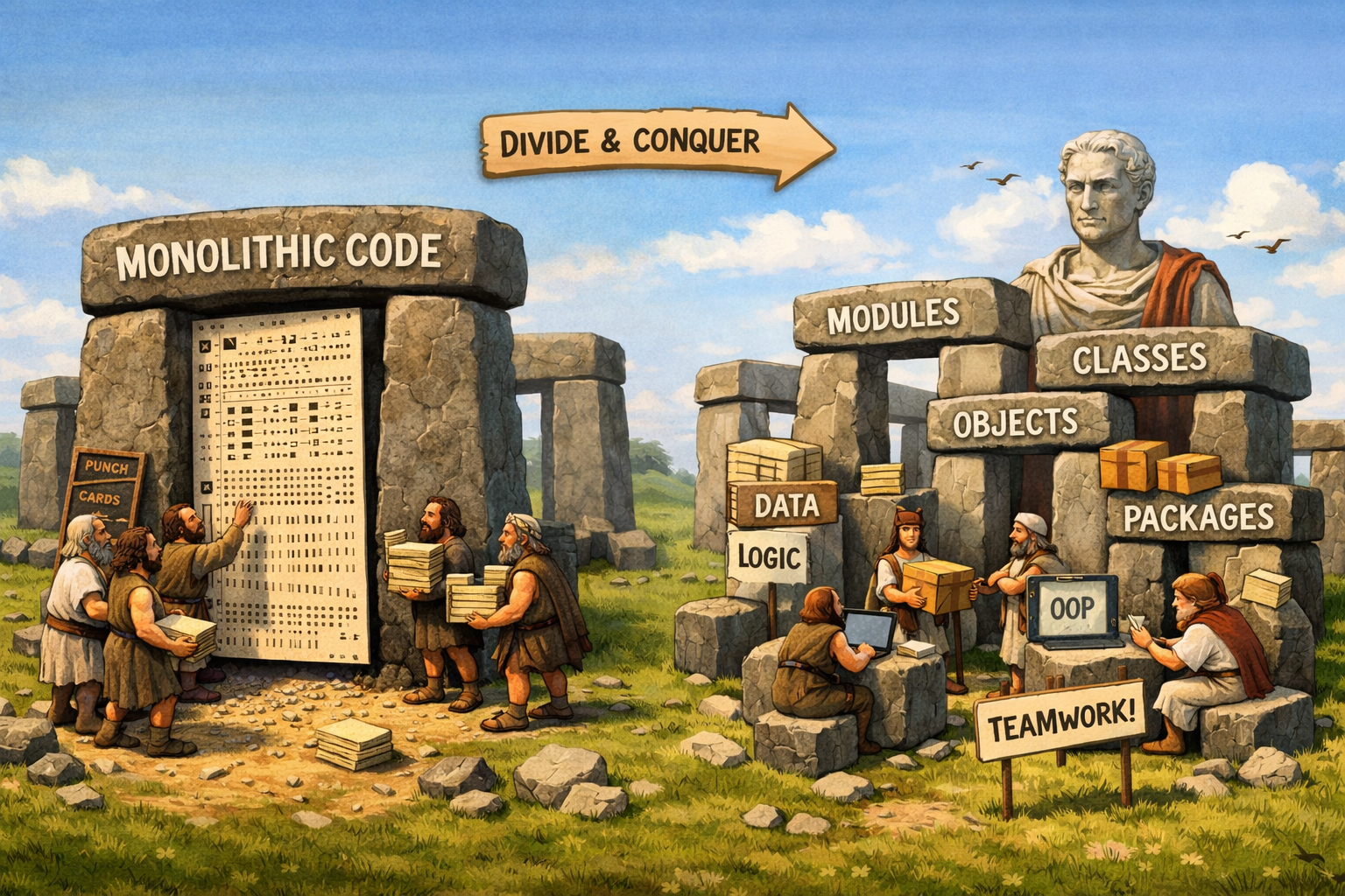 From monolithic code to modules, classes, objects, and packages